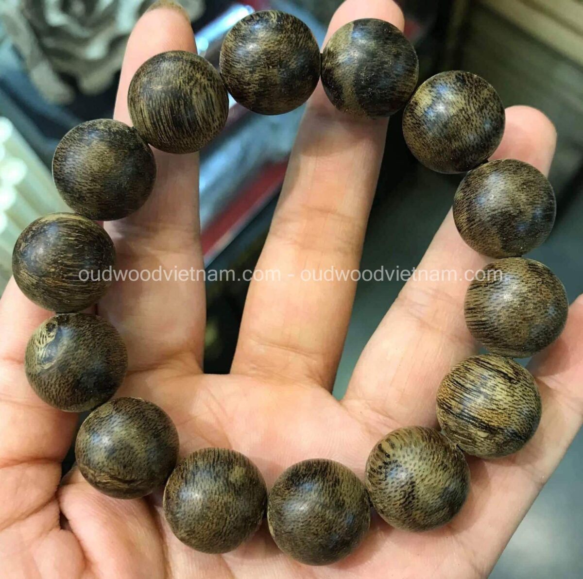 Cultivated Agarwood Bracelet With Gold Plated Vietnamese Feng Shui Writing  - Thanh Trầm Hương